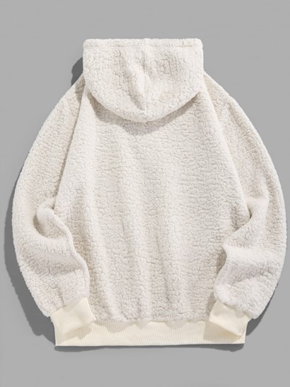 Letter Embroidered Faux Shearling Fleece Fluffy Vintage Essentials Hoodie - Image 2