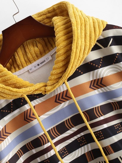 Tribal Ethnic Aztec Printed Kangaroo Pocket Ribbed Hoodie - Image 3