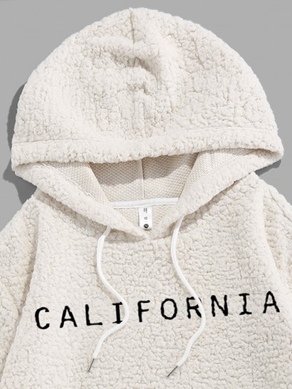 Letter Embroidered Faux Shearling Fleece Fluffy Vintage Essentials Hoodie - Image 3