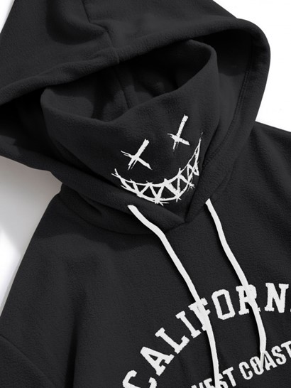 Letter Vintage Graphic Embroidered Fleece Mask Hoodie With Techwear Cargo Pants Set - Image 4